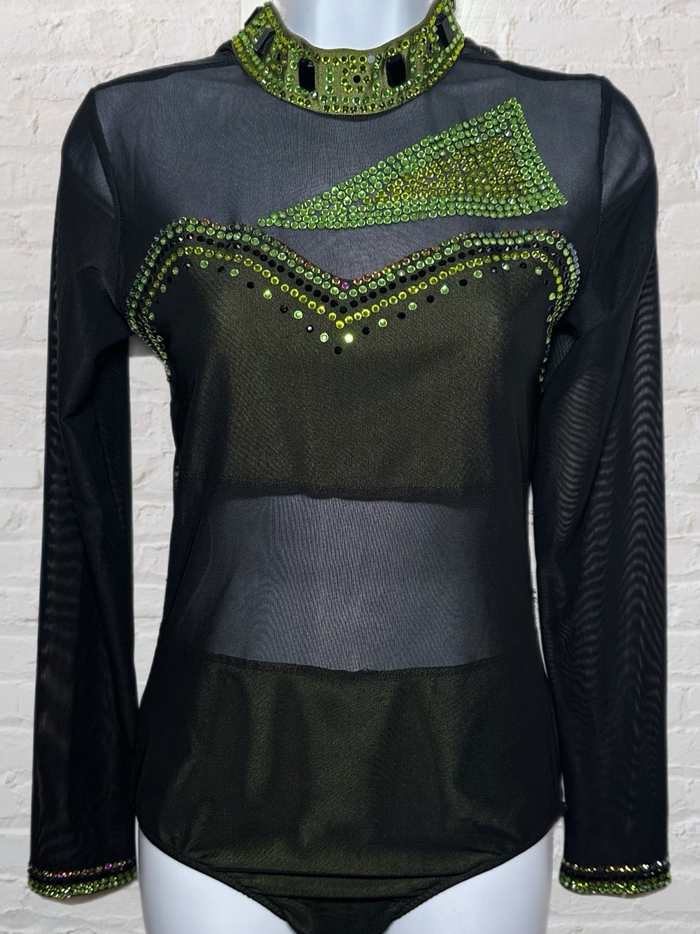 Glamour Costumes Black & Green Jewel Embellished Sheer Bodysuit in Size Small